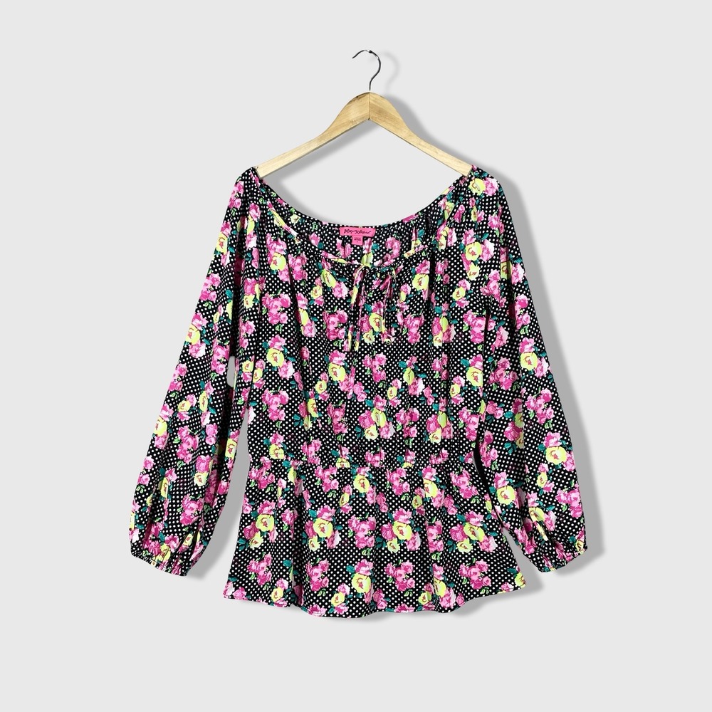 Betsey Johnson Floral Polka Dot Blouse Women Large Black Pink Coquette Boho
